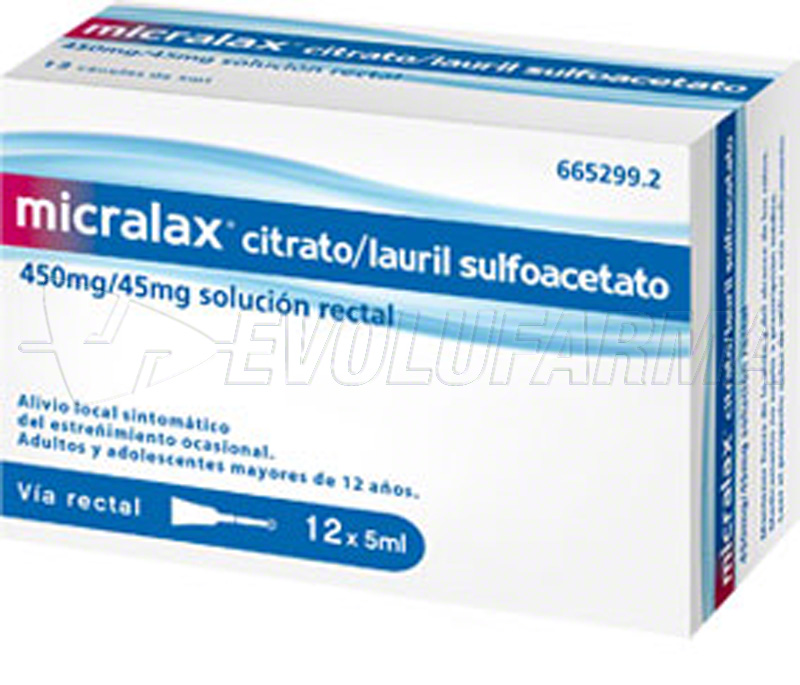 MICRALAX CITRATO/LAURIL SULFOACETATO 450 mg/45 mg solucion rectal , 12 enemas MICRALAX CITRATO/LAURIL SULFOACETATO 450 mg/45 mg solucion rectal , 12 enemas